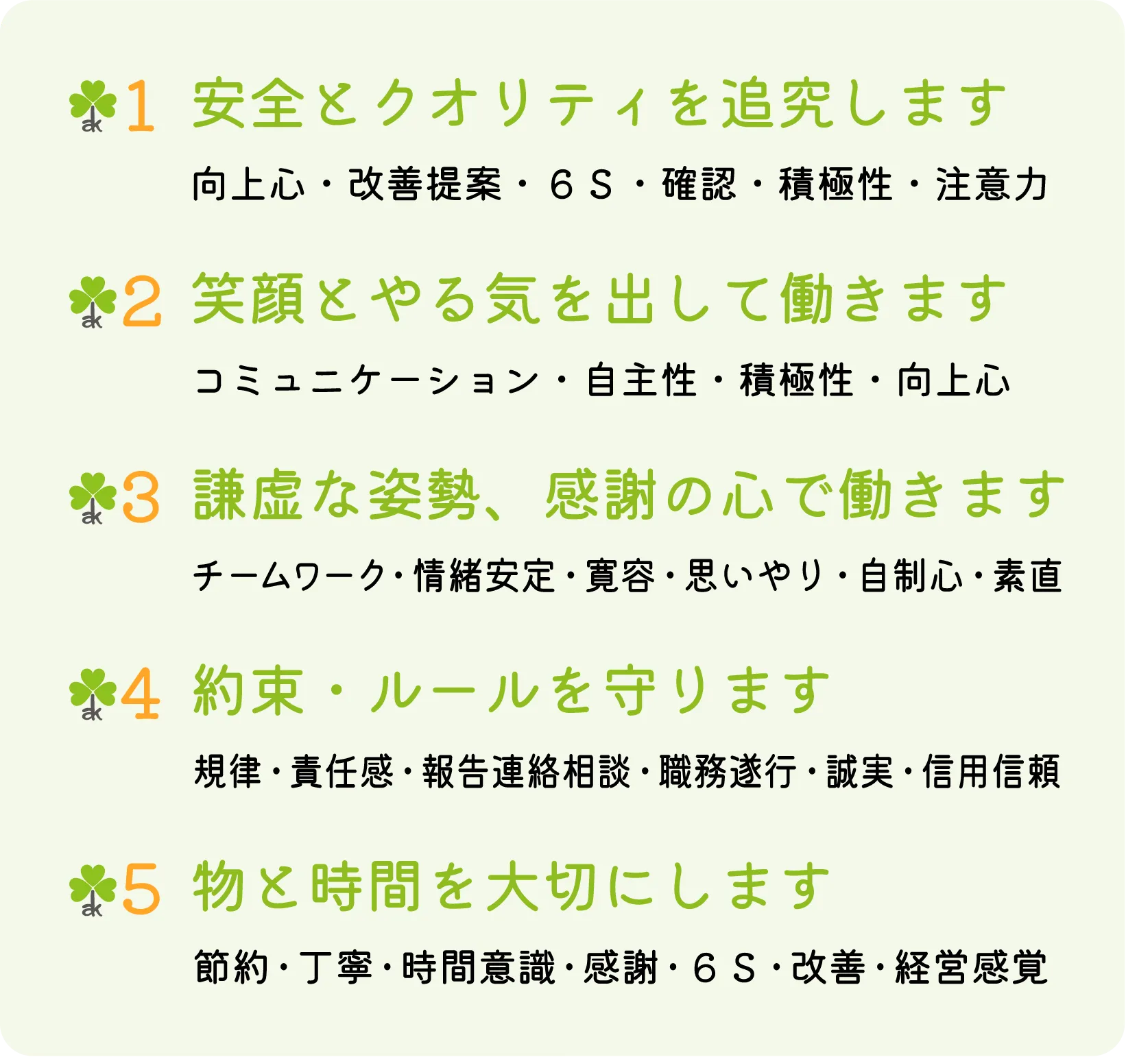 安全とクオリティを追究します（向上心・改善提案・６Ｓ・確認・積極性・注意力）｜笑顔とやる気を出して働きます（コミュニケーション・自主性・積極性・向上心）｜謙虚な姿勢、感謝の心で働きます（チームワーク・情緒安定・寛容・思いやり・自制心・素直）｜約束・ルールを守ります（規律・責任感・報告連絡相談・職務遂行・誠実・信用信頼）｜物と時間を大切にします（節約・丁寧・時間意識・感謝・６Ｓ・改善・経営感覚）