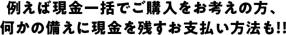 例えば現金一括でご購入をお考えの方、何かの備えに現金を残すお支払い方法も！！|現金を残しておけるからいざという時にも安心！